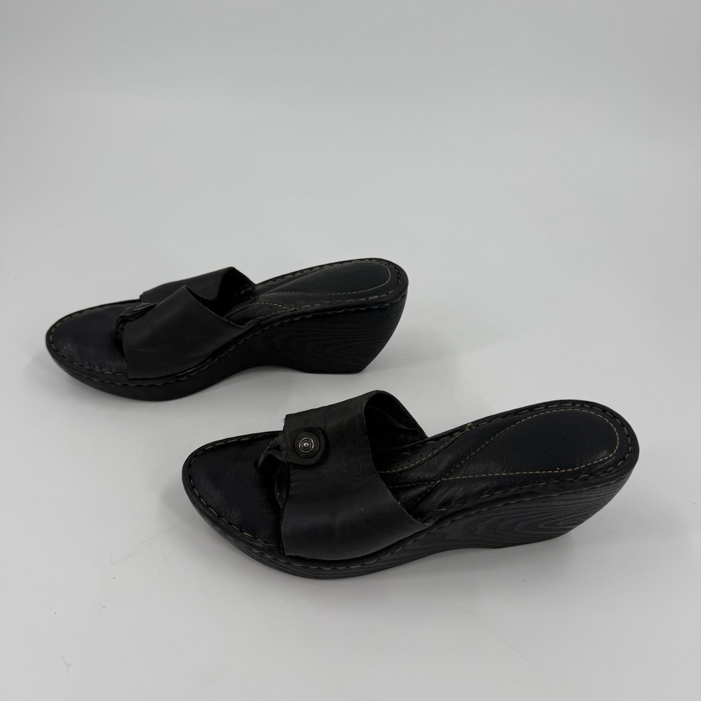 Born Black Leather Wedge Slide Sandals Womens Size 5 Comfort Boho